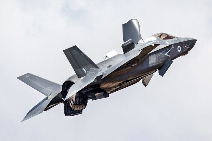 An RAF F-35B Lightning II performs a hover manoeuvre at the Royal International Air Tattoo 2018 (Image: Ministry of Defence)