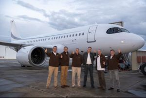 The five-person flight crew on the ACJ319neo’s record-setting 16 hour, 10 minute test flight