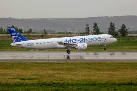 The second MC-21-300 with the latest livery takes off for a flight test