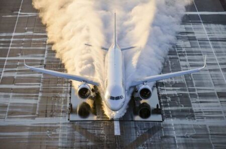 The Airbus A320neo during a flooded test, conducted as part of its certification campaign