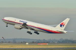 A Malaysia Airlines Boeing 777-200ER taking off at Roissy-Charles de Gaulle Airport in France, the aircraft that was lost at sea in 2014