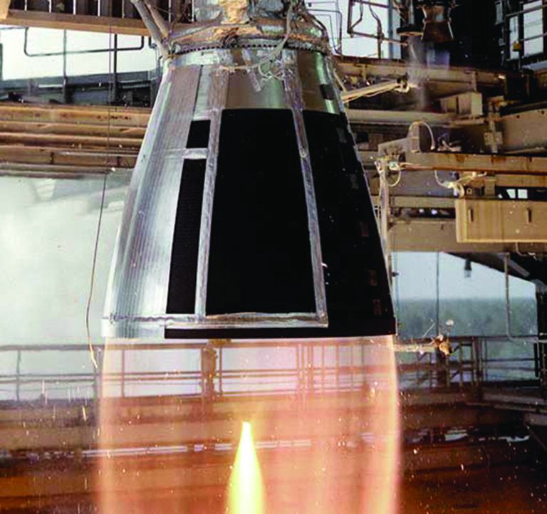 n RS-68 engine undergoing hot-fire testing at NASA’s Stennis Space Center