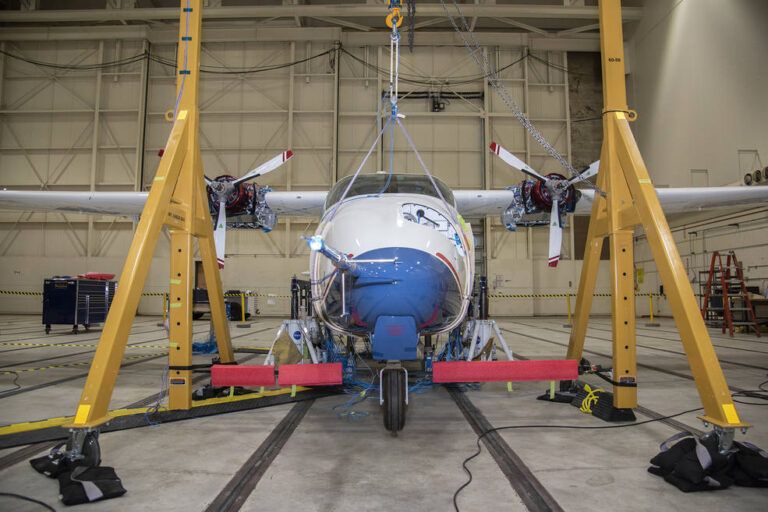NASA’s all-electric X-57 Maxwell prepares for ground vibration testing at NASA’s Armstrong Flight Research Center in California Credits: NASA Photo / Lauren Hughes