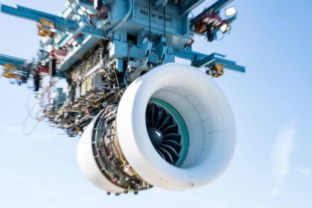 The Pratt & Whitney GTF Advantage engine on the test stand at the company’s West Palm Beach facility in Florida, USA