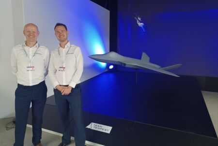 Dr Mike Roberts and David Penny (Design Engineer) in front of the Team Tempest stand at the BAE Systems Charter for Farnborough Air Show (Photo: Slipstream)