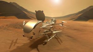 Artist’s impression of the Dragonfly rotorcraft lander on the surface of Titan, Saturn’s largest moon
