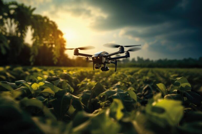 Drone flying in field