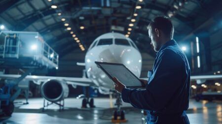 A technician holds a tablet and stands in front of a large airplane inside a dimly lit hangar