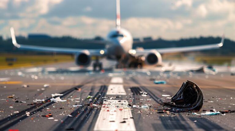 Plane wreckage on runway