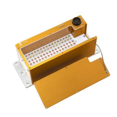 Orange and white 32-channel thermocouple scanner with open panel showing multiple thermocouple input connections