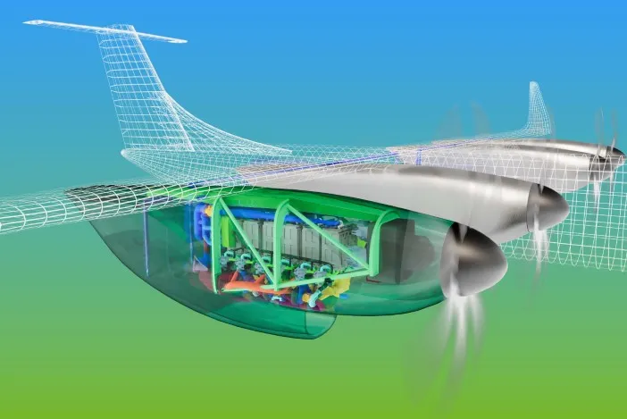 Cutaway view of aircraft engine showing internal fuel cell and electric motor components