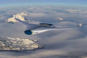 Conceptual rendering of sleek passenger aircraft with blue and white livery flying above snow-covered mountains