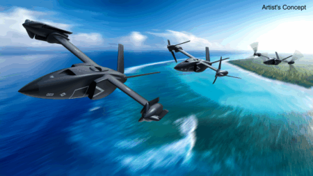 Artist's concept of Bell's high-speed vertical takeoff and landing aircraft featuring folding rotor technology flying in formation over coastal terrain