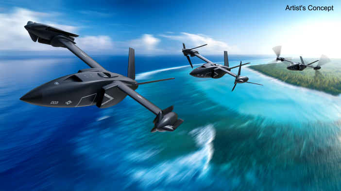 Artist's concept of Bell's high-speed vertical takeoff and landing aircraft featuring folding rotor technology flying in formation over coastal terrain