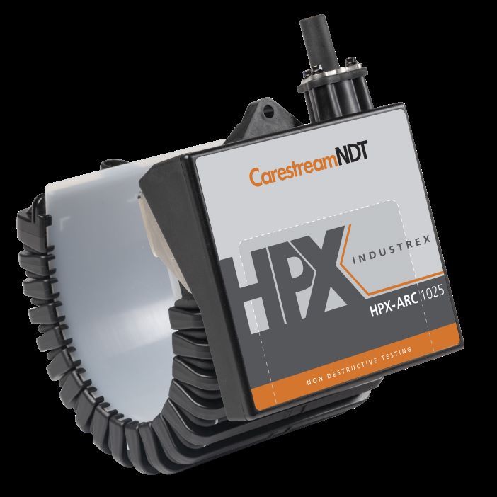 Alt text: Gray and orange bendable digital radiography detector with flexible housing and Carestream NDT branding