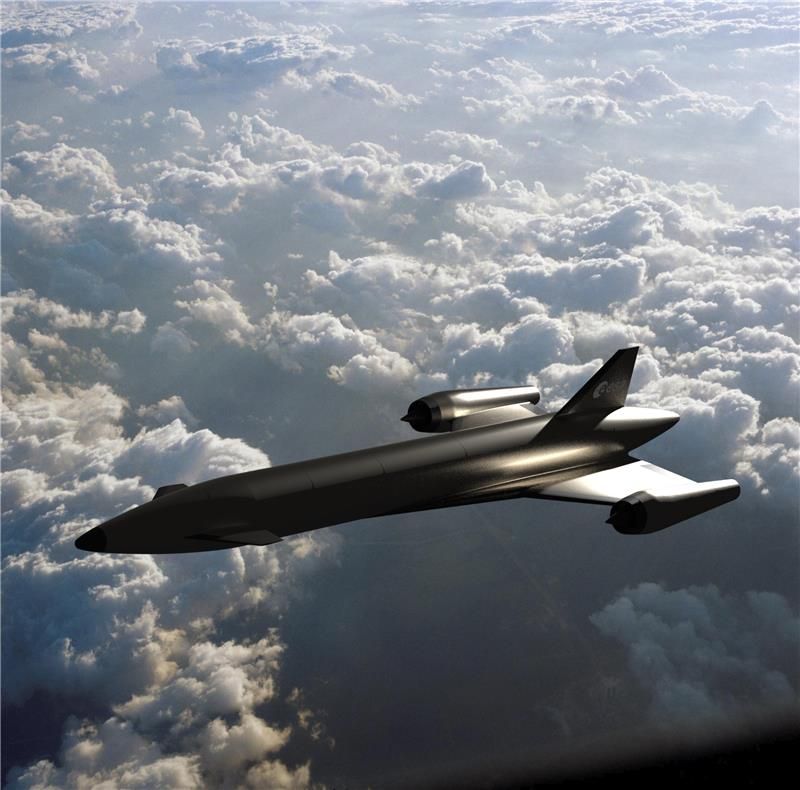 A sleek, futuristic aircraft soars above a sea of fluffy clouds. The aircraft features two large engines mounted atop its wings and a distinctive vertical tail fin. The sky is bright, with sunlight casting dramatic shadows across the cloud tops