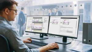 Engineer working at dual monitors displaying NI LabVIEW software interface with programming diagrams and code