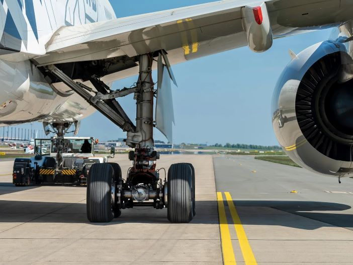 Close-up view of Taxibot hybrid-electric tug clamped to aircraft nose landing gear showing pivotable platform and attachment mechanism