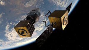 Satellite debris removal system in orbit showing servicer and shepherd vehicles