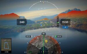Advanced cockpit display showing AI-assisted flight systems interface with various data overlays on mountain landscape background