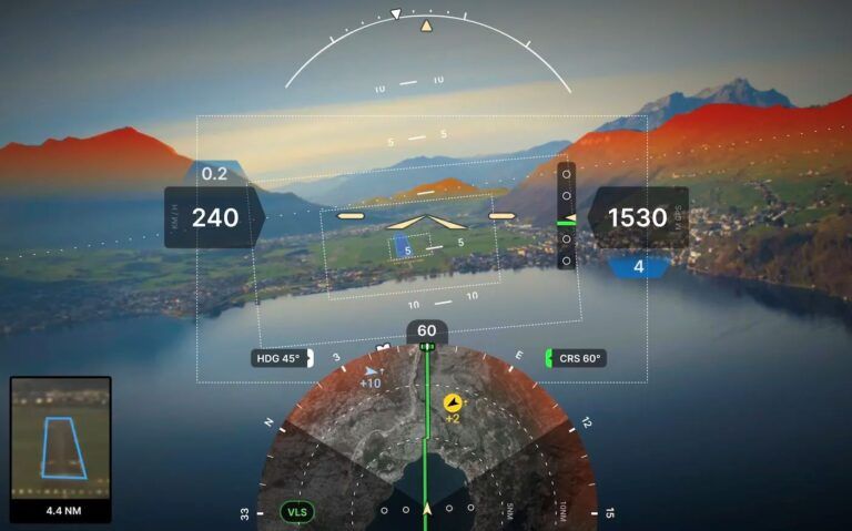 Advanced cockpit display showing AI-assisted flight systems interface with various data overlays on mountain landscape background