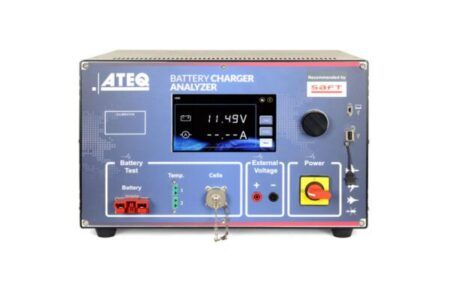 ATEQ battery charger analyzer with digital display showing voltage and current readings