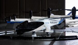 Archer Midnight eVTOL aircraft with United Airlines livery in hangar