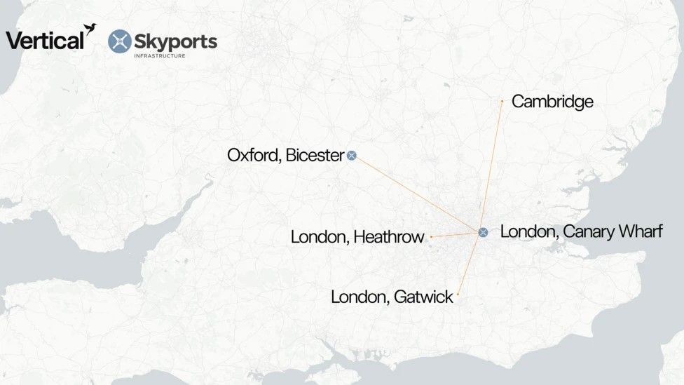 Map showing planned Vertical Aerospace and Skyports electric air taxi routes across southeast England