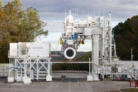 GE Aerospace Passport engine mounted in outdoor test stand at the Peebles test facility