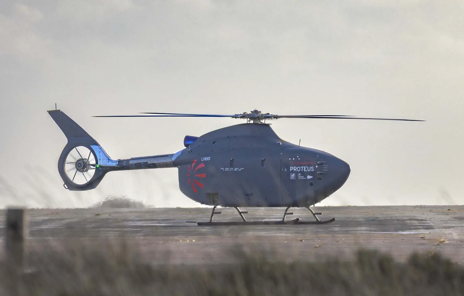 Leonardo Proteus autonomous helicopter on ground at Predannack airfield during maiden flight preparations
