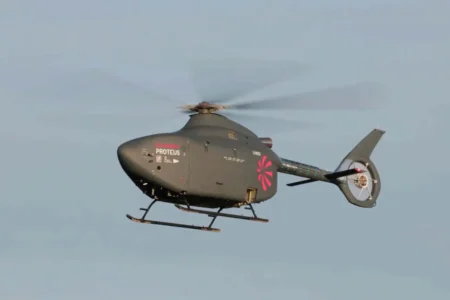 Leonardo Proteus autonomous helicopter in flight during maiden test flight in Cornwall