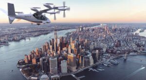 Vertical Aerospace Valo eVTOL aircraft flying over lower Manhattan with New York City skyline in background
