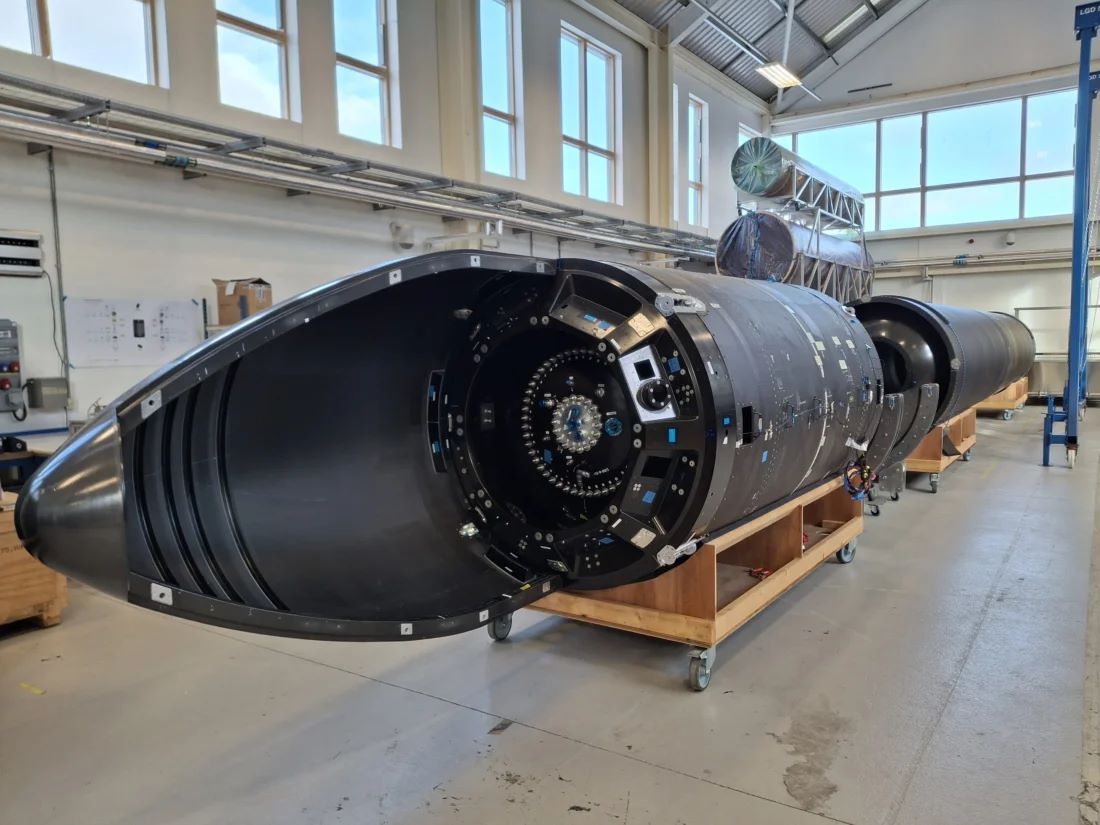 Wide view of Orbex assembly hall showing Prime rocket stage components and tank assemblies in various states of integration