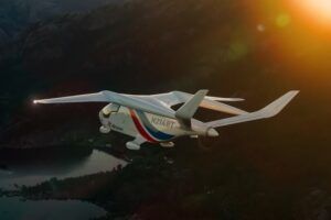 Beta ALIA electric aircraft operated by Bristow flying over western Norway during electric aviation test campaign