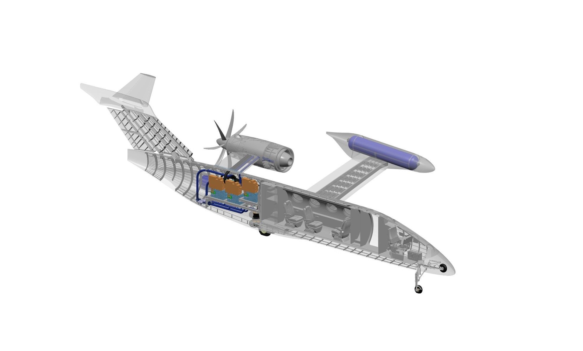 CAD view of the Beyond Aero BYA-I One showing wing-mounted hydrogen tanks and twin propfan configuration 