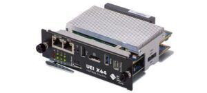 The UEI X64 programmable automation controller featuring a ruggedized chassis with dual Ethernet ports and heatsink cooling