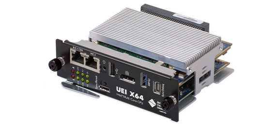 The UEI X64 programmable automation controller featuring a ruggedized chassis with dual Ethernet ports and heatsink cooling