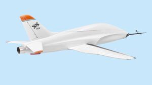 Graphic rendering of the white DLR Proteus uncrewed experimental aircraft in flight against a pale blue background, shown in three-quarter view with its morphing wings deployed