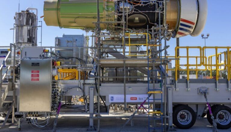 A modified Rolls-Royce Pearl 15 engine on a test stand at NASA's Stennis Space Center during a 100% hydrogen ground test
