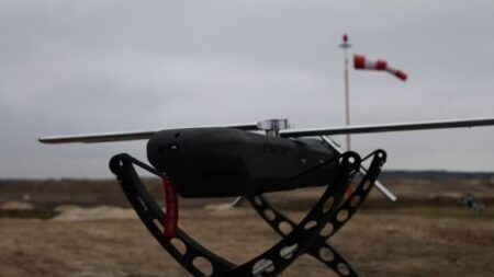 Cambridge Aerospace Skyhammer interceptor missile on its launch cradle at an outdoor test site