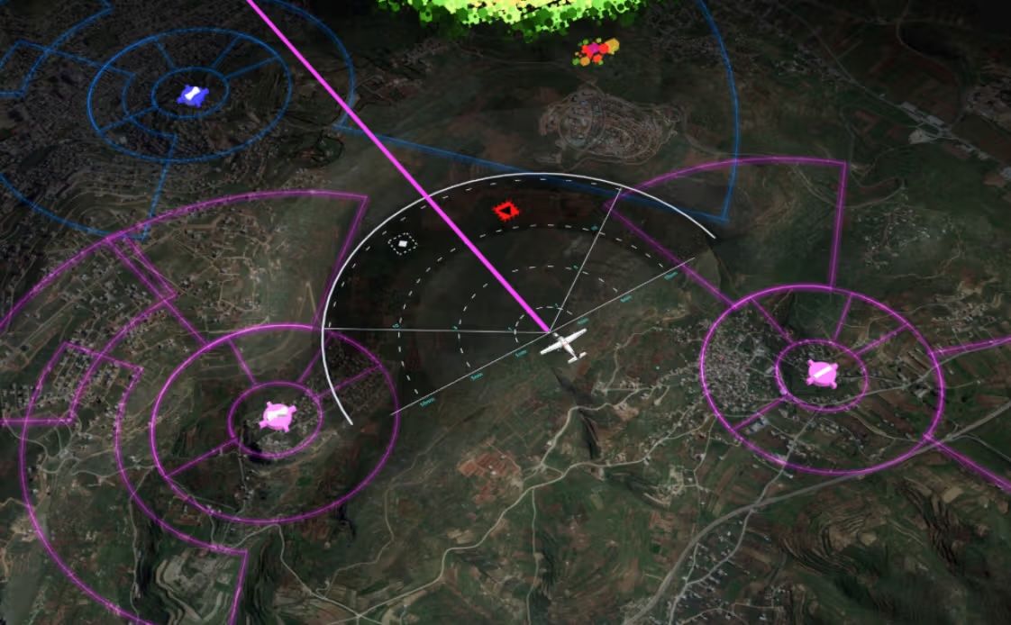 Detect and avoid system display showing an uncrewed aircraft with surrounding traffic alerts and collision avoidance zones overlaid on terrain imagery