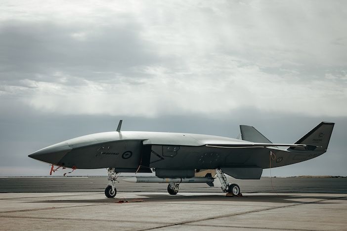 Rheinmetall and Boeing to offer Ghost Bat combat drone to German air force A Boeing MQ-28 Ghost Bat uncrewed combat aircraft on the ground at an airfield with its landing gear deployed