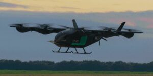 Air Mobility full-scale eVTOL engineering prototype in hover flight above the test site at Gavião Peixoto, Brazil
