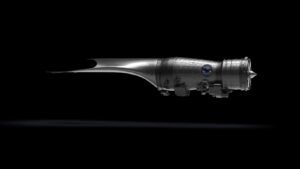 Pratt & Whitney rendering of the XA103 adaptive-cycle engine in side profile, showing a faceted core casing with company emblem, swept aft-fan duct and pointed aft cone, against a black background