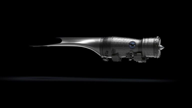 Next-generation fighter engine moves closer to build Pratt & Whitney rendering of the XA103 adaptive-cycle engine in side profile, showing a faceted core casing with company emblem, swept aft-fan duct and pointed aft cone, against a black background