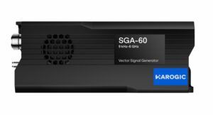 Harogic SGA-60 vector signal generator, a compact black rectangular instrument with a ventilation grille, two RF connectors on the left face, and a label reading "SGA-60 9kHz–6GHz Vector Signal Generator
