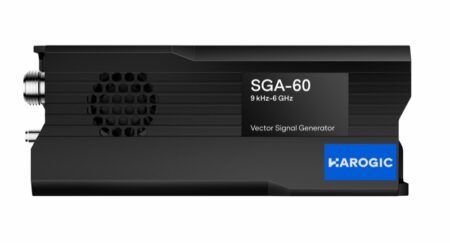Harogic SGA-60 vector signal generator, a compact black rectangular instrument with a ventilation grille, two RF connectors on the left face, and a label reading "SGA-60 9kHz–6GHz Vector Signal Generator