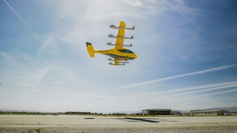 Wisk Aero Generation 6 eVTOL aircraft registered N607WA in hover above Hollister Airport runway during first flight