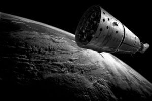 A spacecraft capsule in orbit above the cloud-covered curvature of Earth