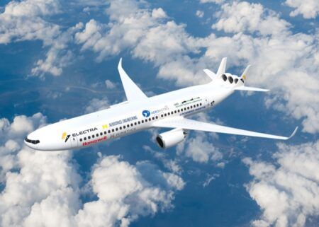 Electra reveals hybrid-electric airliner concept Rendering of Electra’s double-bubble hybrid-electric airliner concept in flight above clouds, with electric fans mounted at the tail and two underwing turbofan engines